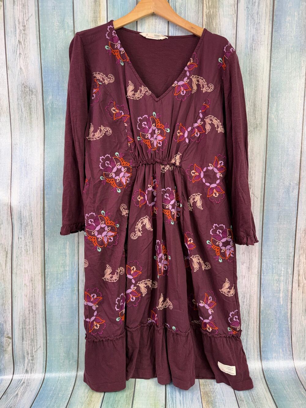 Odd Molly Anthropologie Large Maroon Dress Floral Embroidery V Neck Ruffle Hem